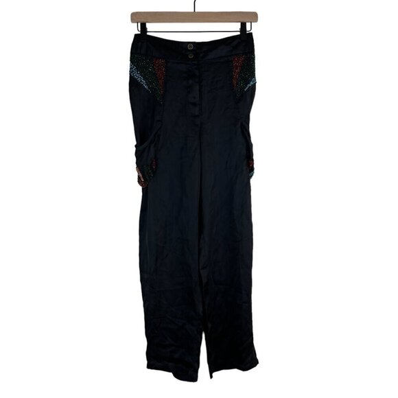 NWT Anthropologie RAGA Black Satin Beaded Straight Leg Pants - Picture 2 of 7